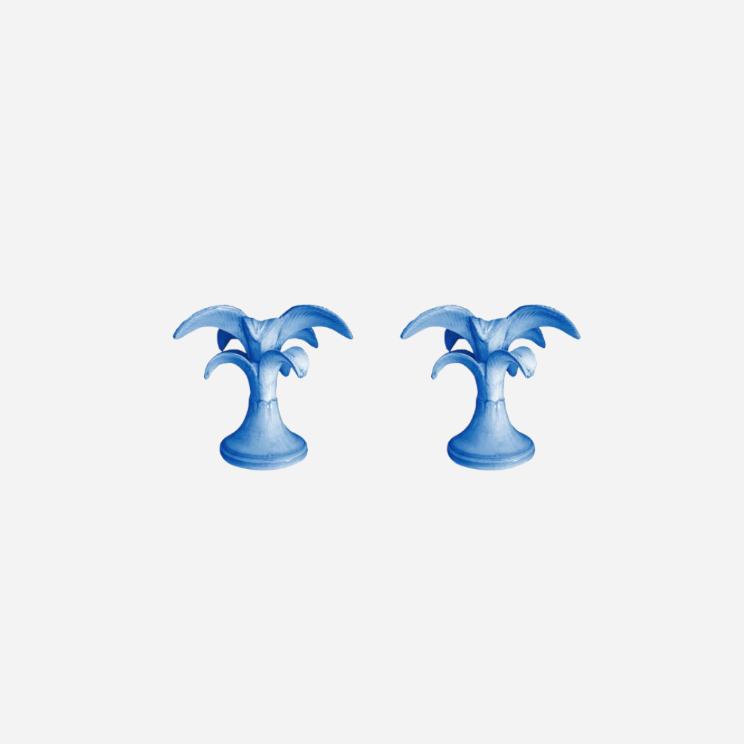 Small Blue Palm Tree Candlestick, Set of 2