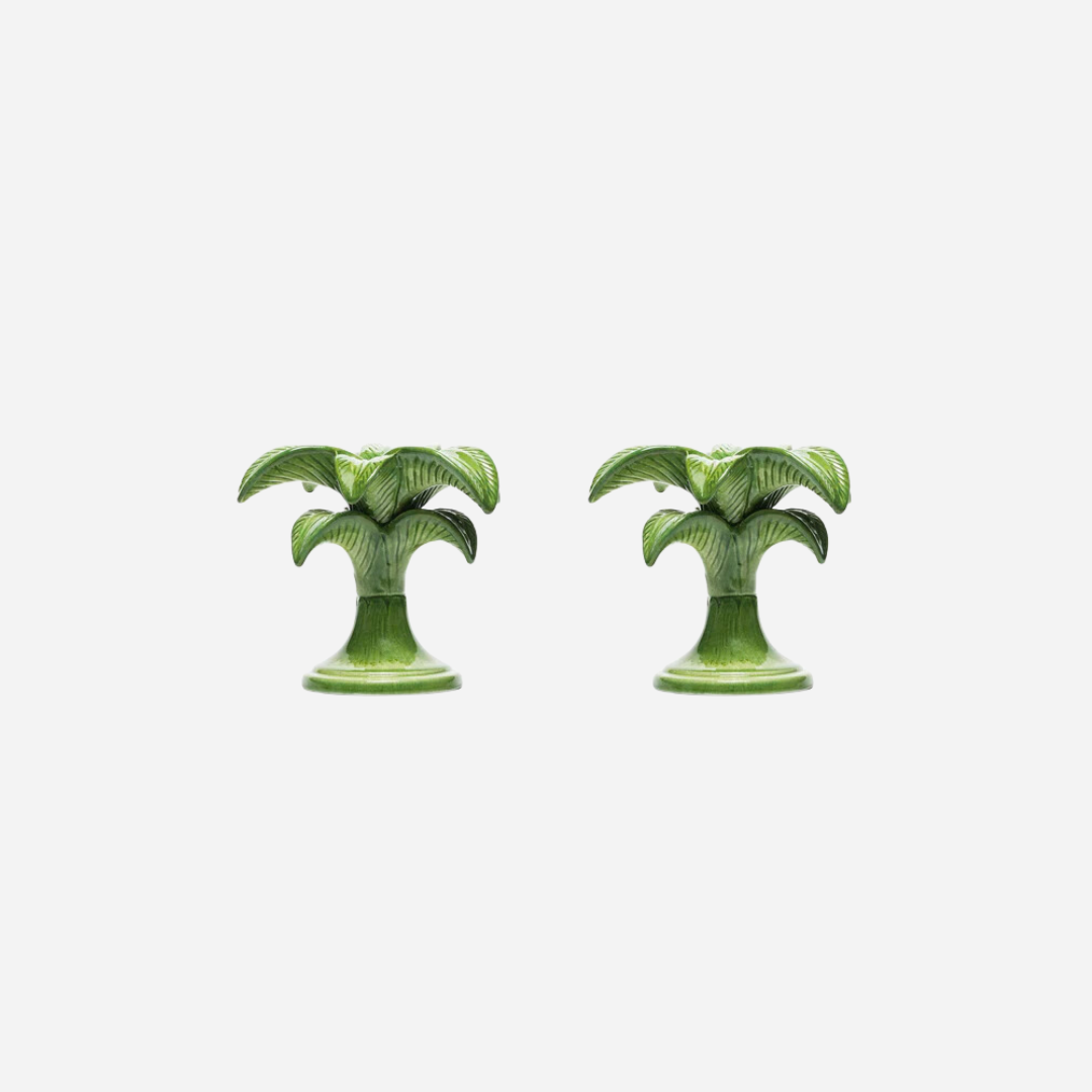 Small Green Palm Tree Candlestick, Set of 2